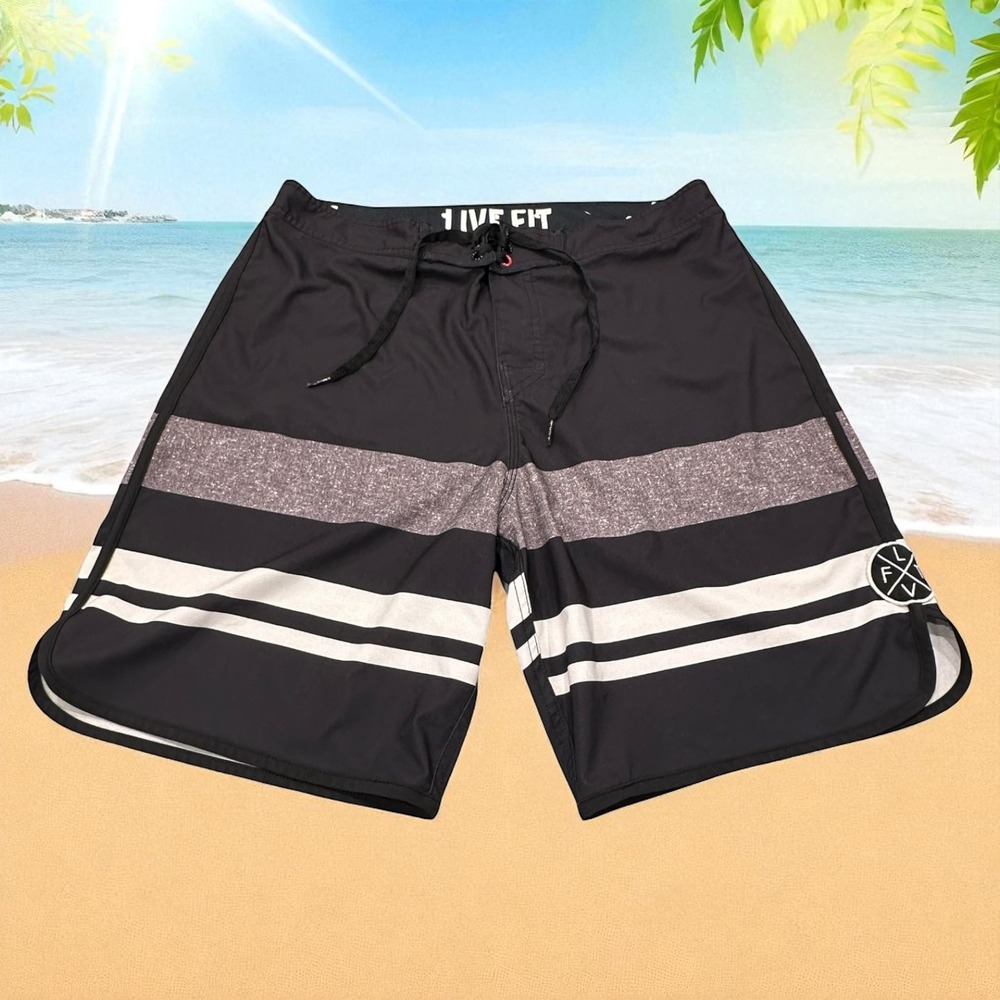 LVFT Mens Size 34 Board Shorts Swim‎ Trunks Striped Training Black Gray White